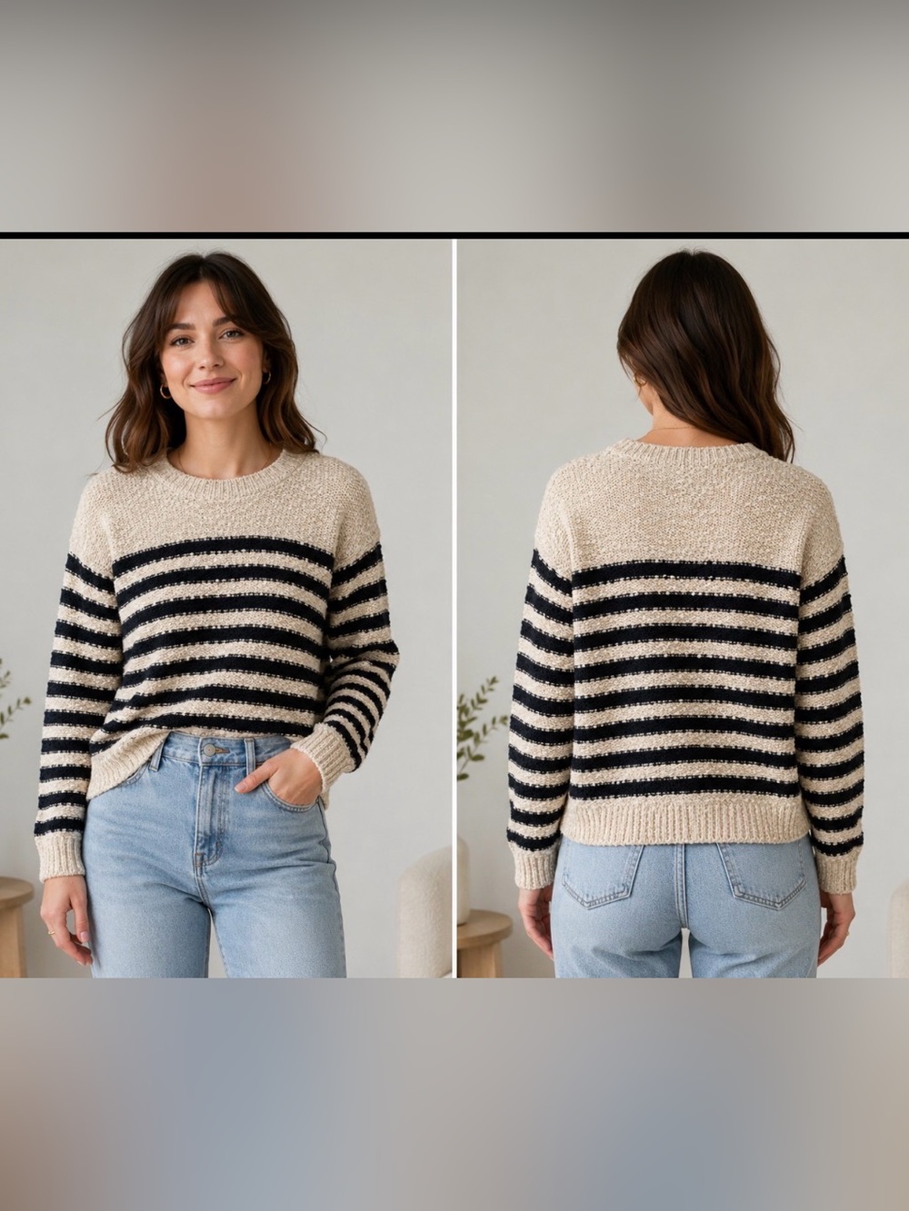 Marled Clothing Knit black and white Striped fuzzy sweater size small